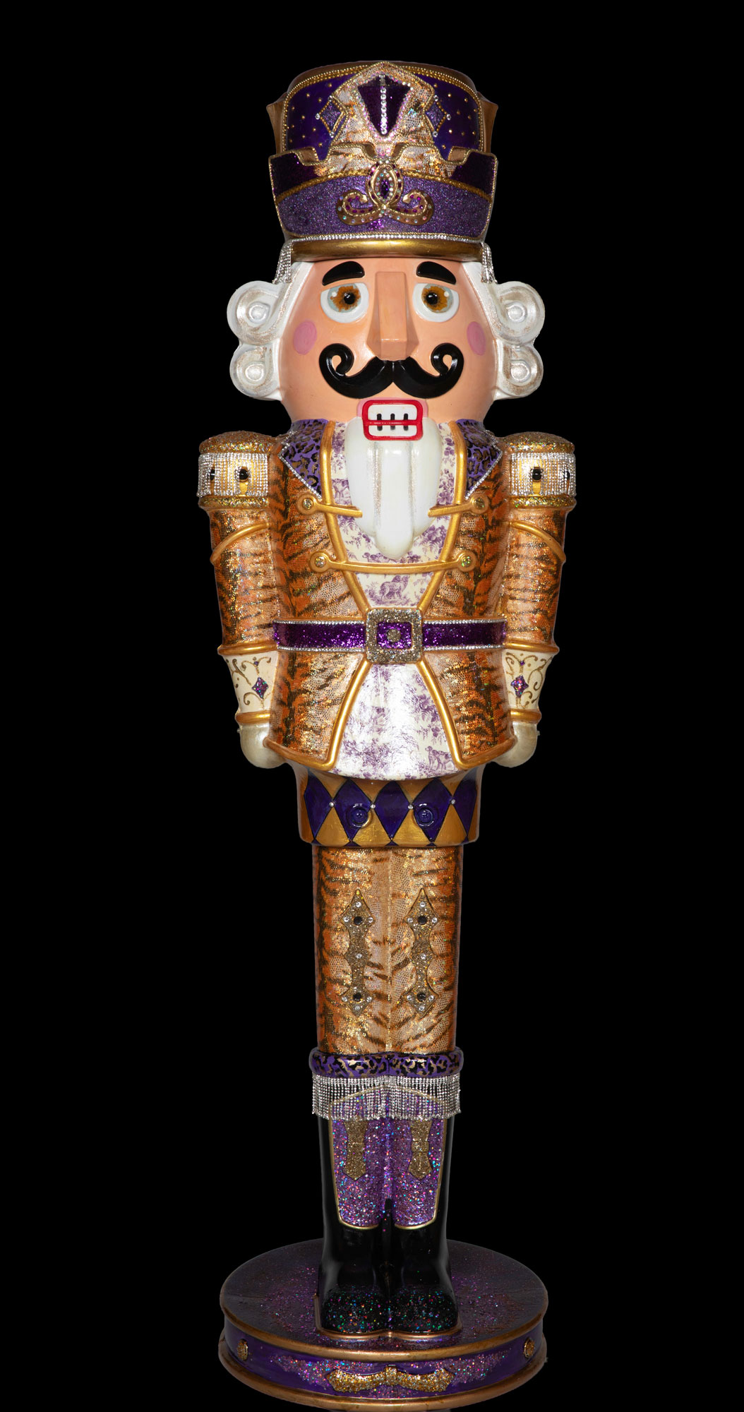 Full front view of The Autumn King, a 70" tall large-scale mixed-media nutcracker sculpture by Mary O’Neal